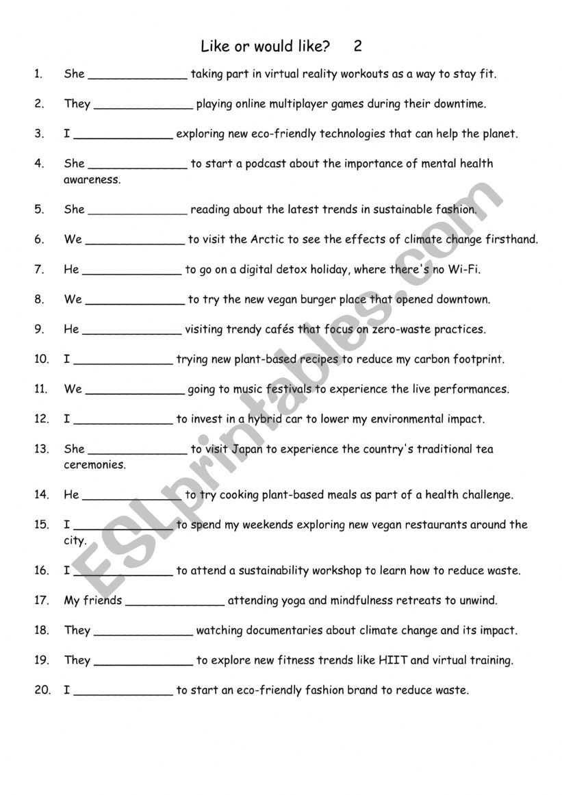 Like or would like   2 worksheet