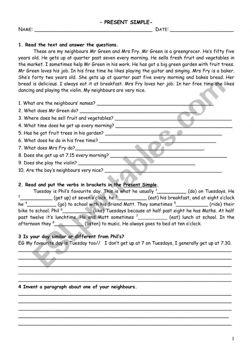 PresenT Simple worksheet