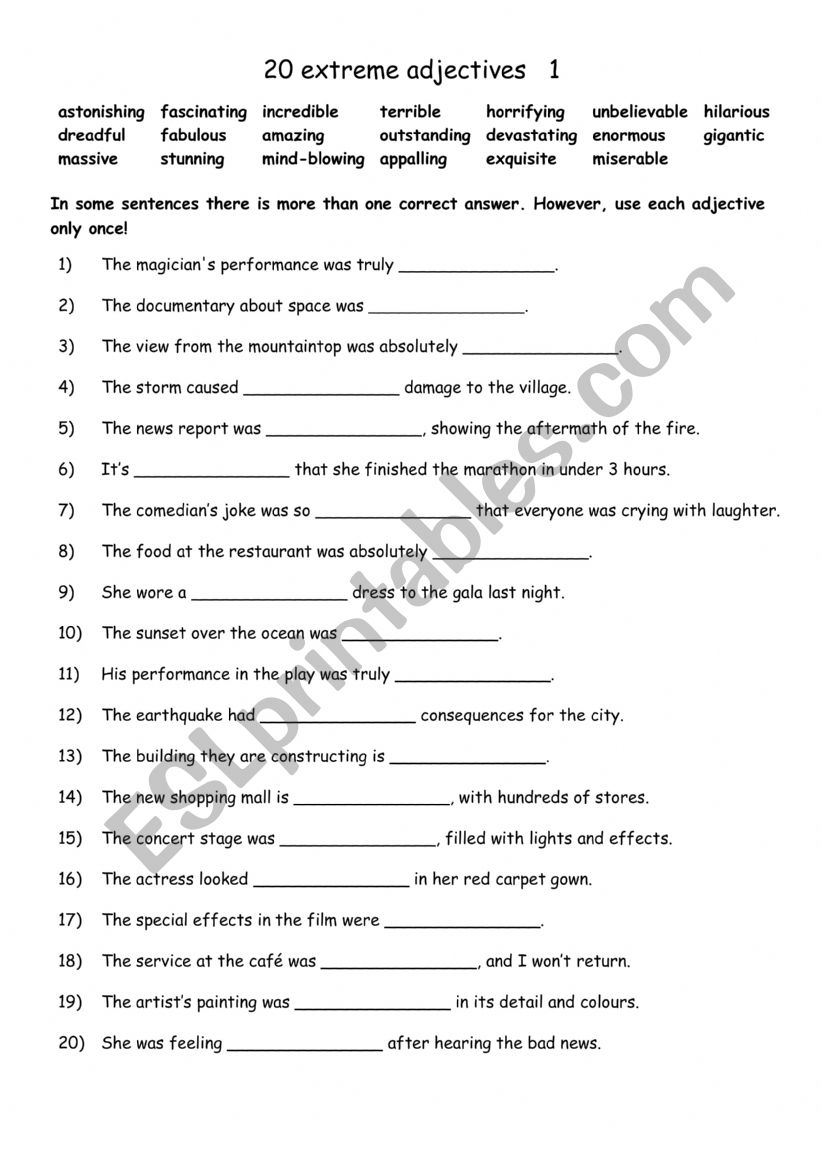 20 extreme adjectives   1 worksheet