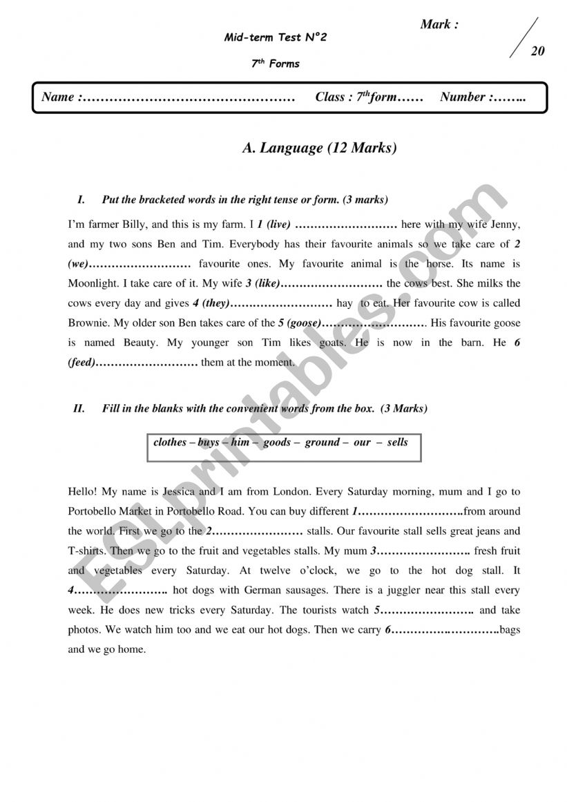 Test, 7th form mid2 worksheet