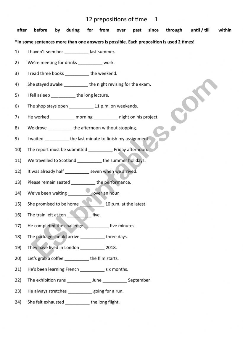 12 prepositions of time     1 worksheet