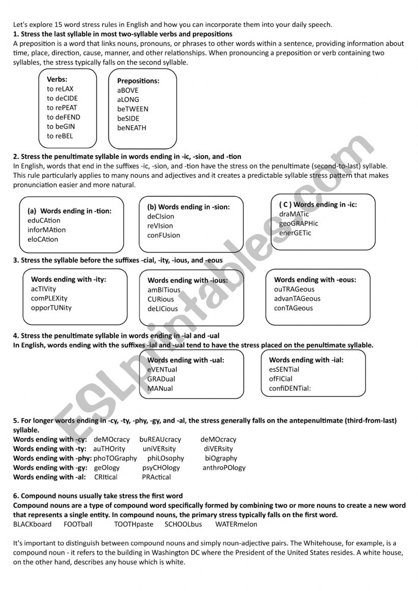 Stress and reduction rules worksheet