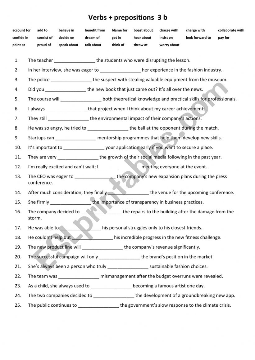 Verbs + Prepositions  3 b worksheet