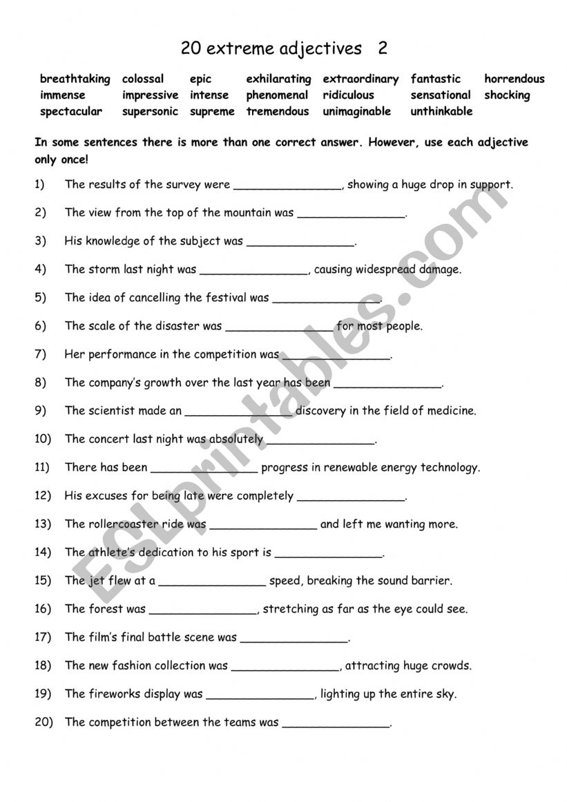 20 extreme adjectives 2 worksheet