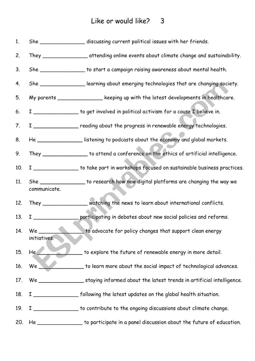 Like or would like  3 worksheet