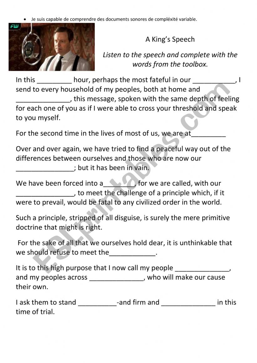 A King�s speech worksheet