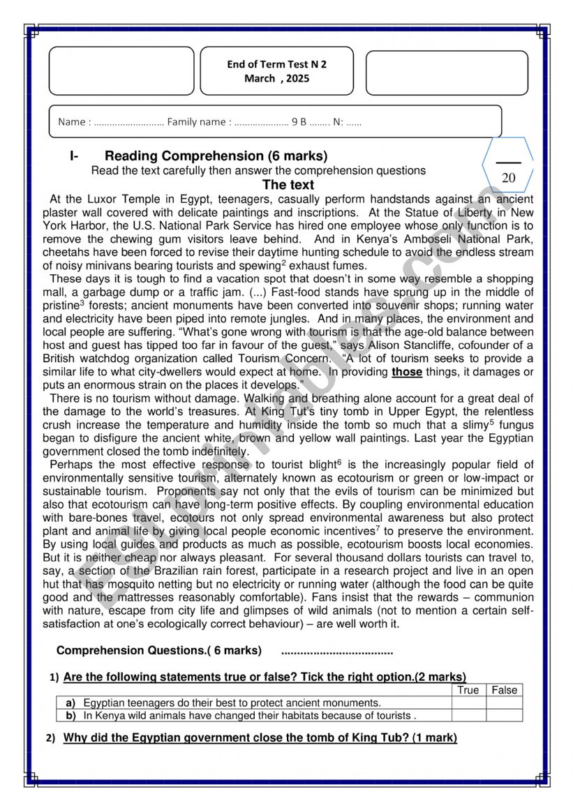 End term test 2 th grade worksheet