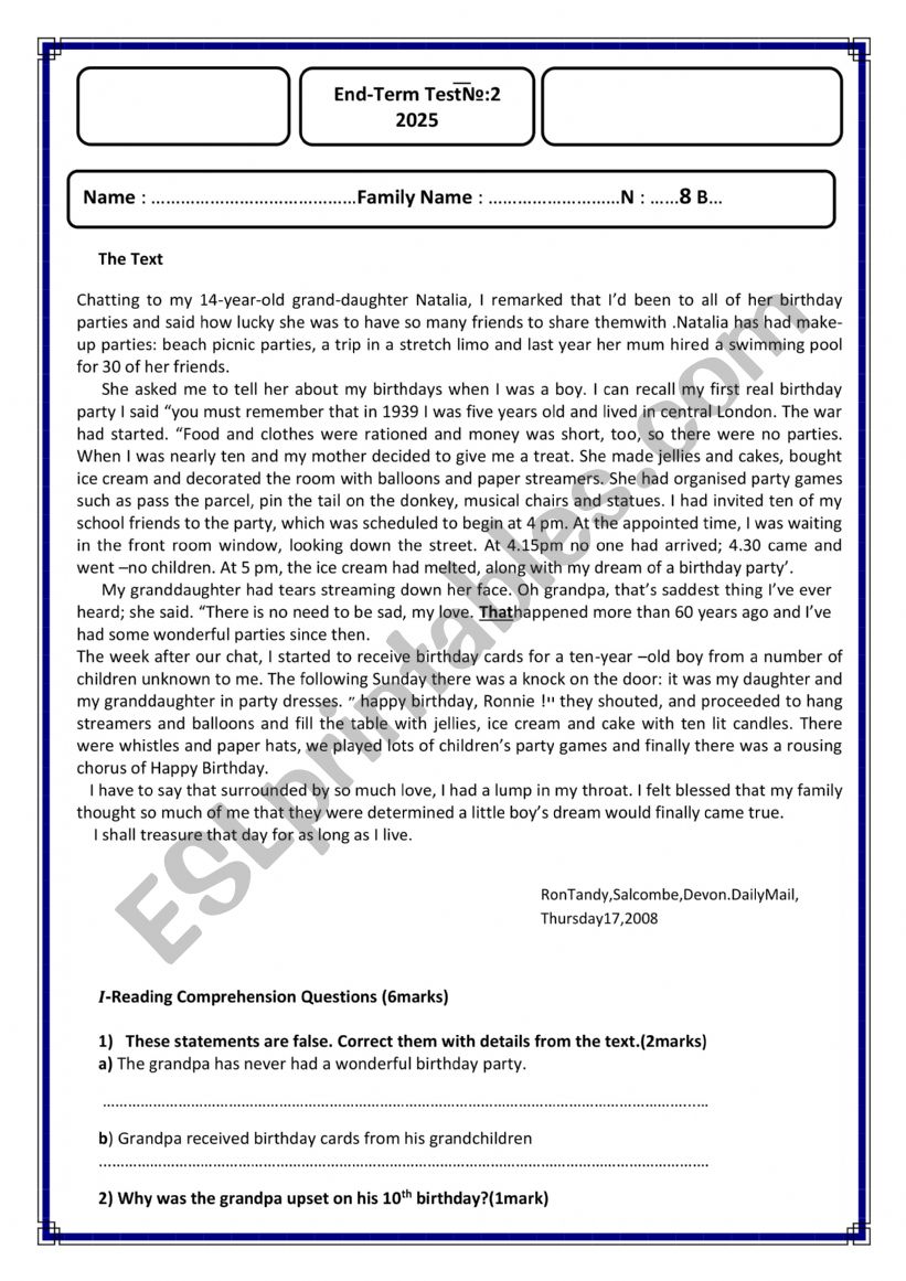 End term test 2 worksheet