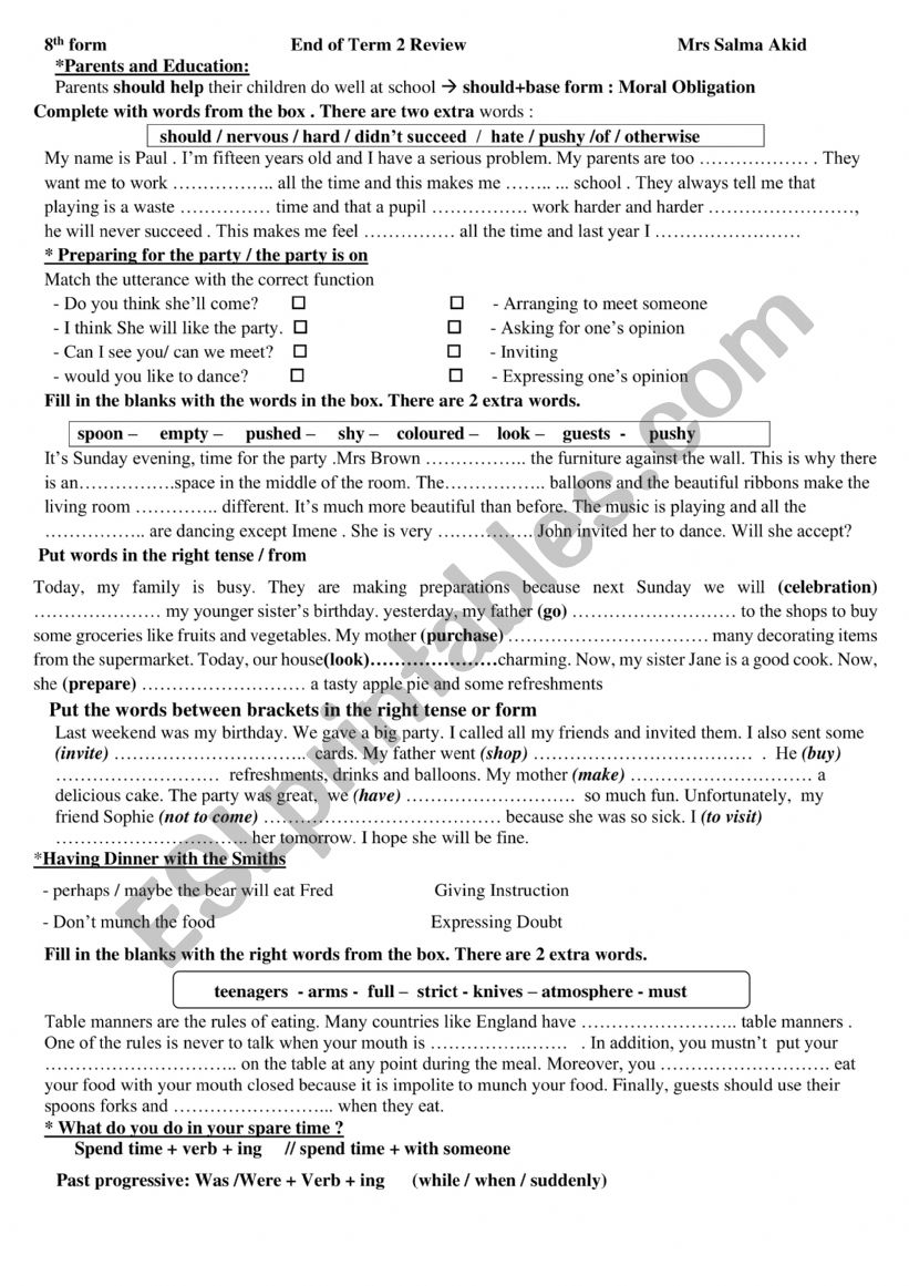 8th form end of term review worksheet