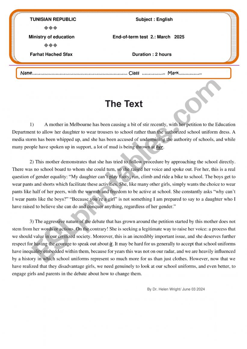 Full term test 2 for second form students 