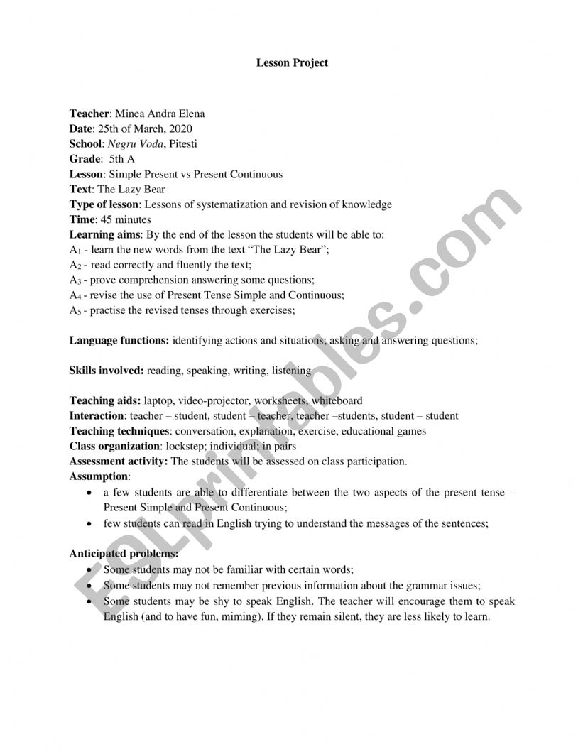 PLAN LECTIE  CLS 5 worksheet