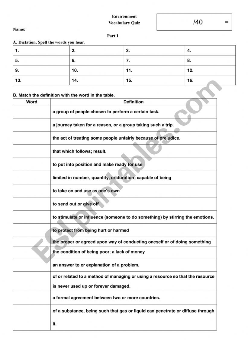 Environment  related quiz worksheet