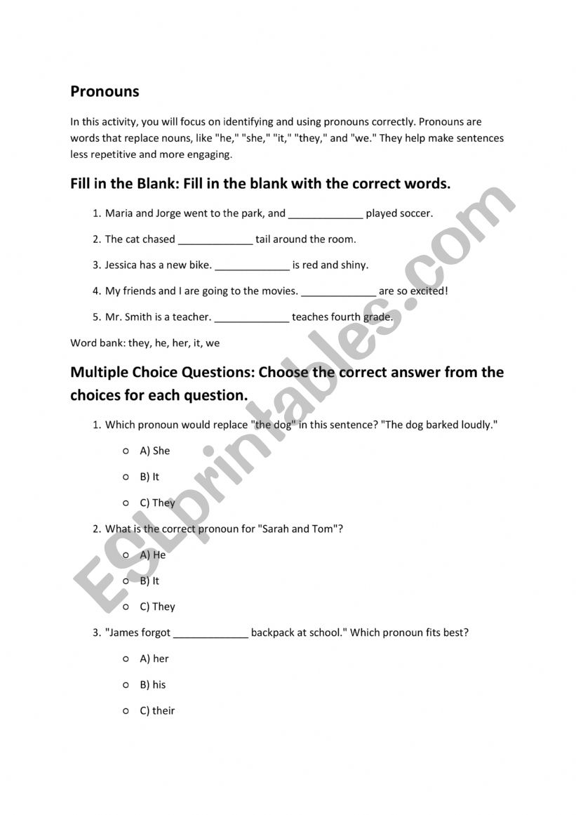 Pronoun Review worksheet