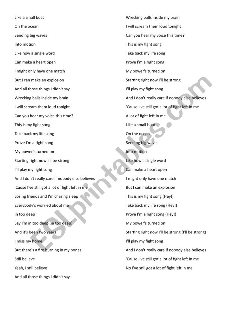 Fight Song worksheet