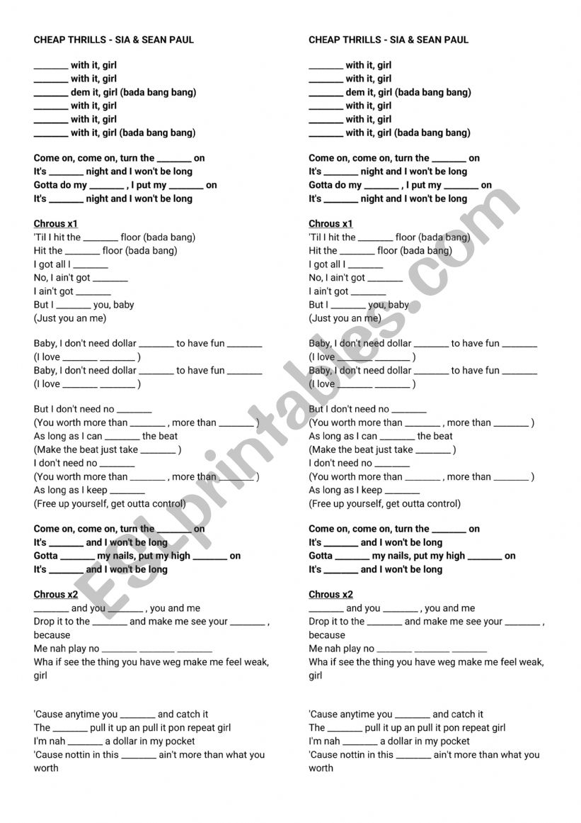 Cheap Thrills esl worksheet