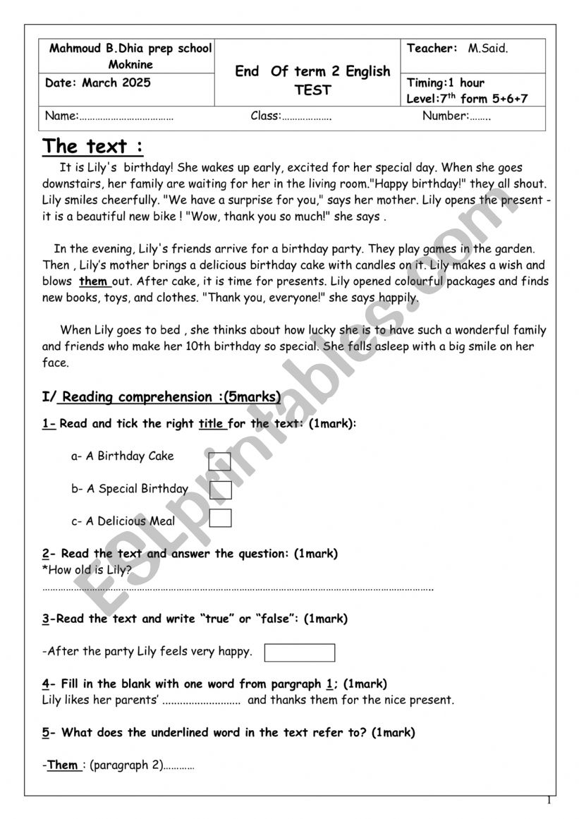 TEST 7th End of term 2 worksheet