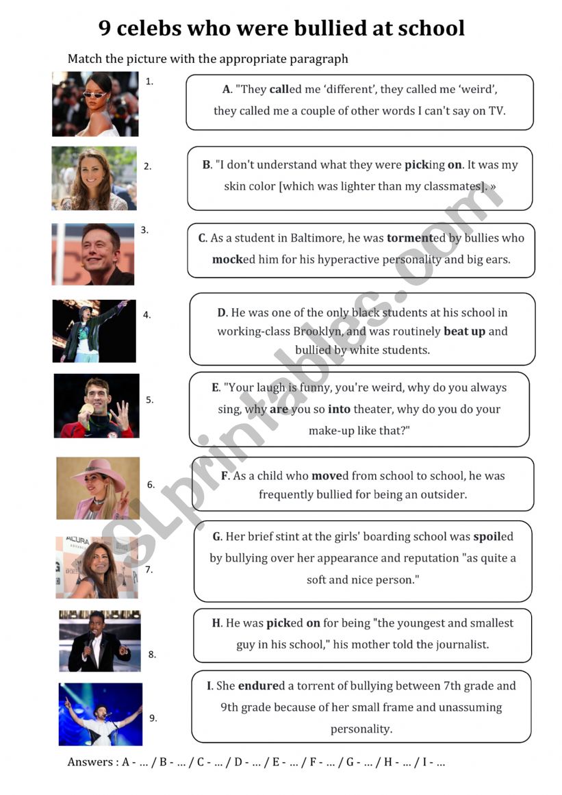 Celebs who were bullied worksheet