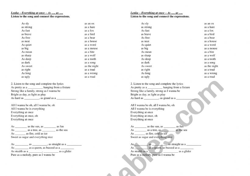 Comparison As..As-  Song  worksheet