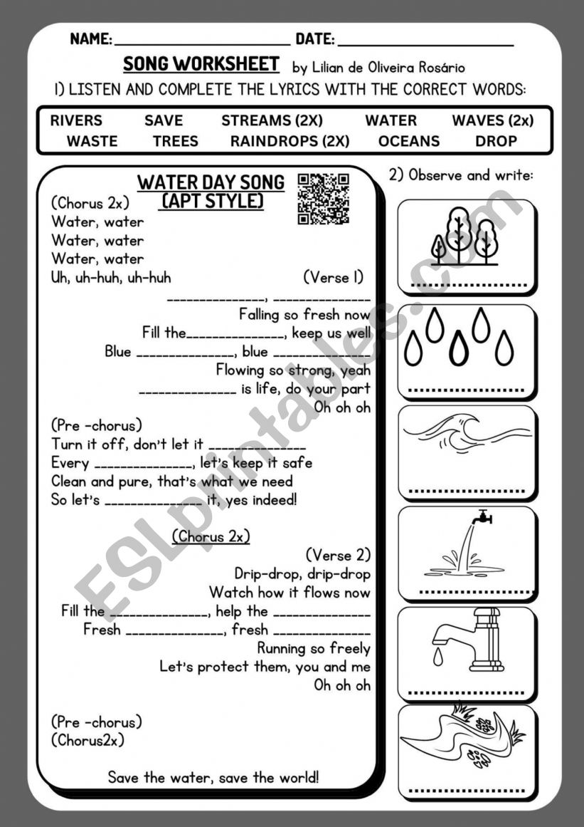 WATER DAY - SONG WORKSHEET (APT STYLE)