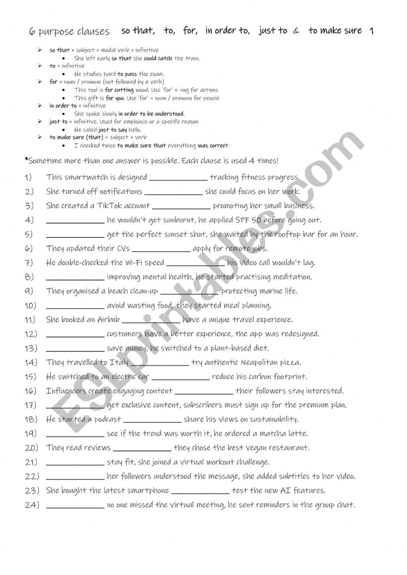 6 clauses of purpose 1 worksheet