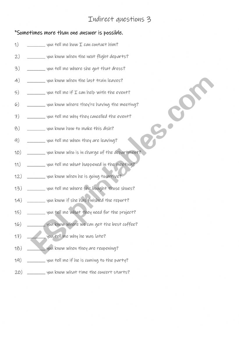 Indirect questions 3 worksheet