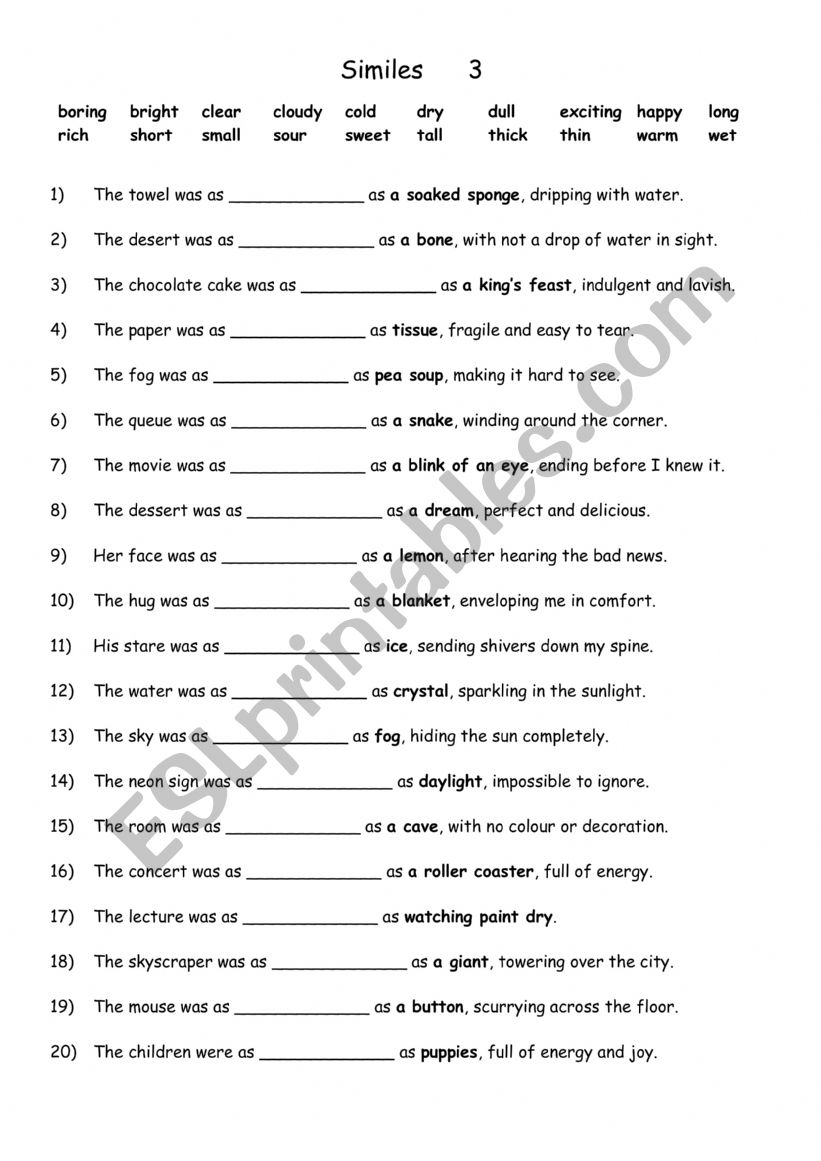 Similes  3 worksheet