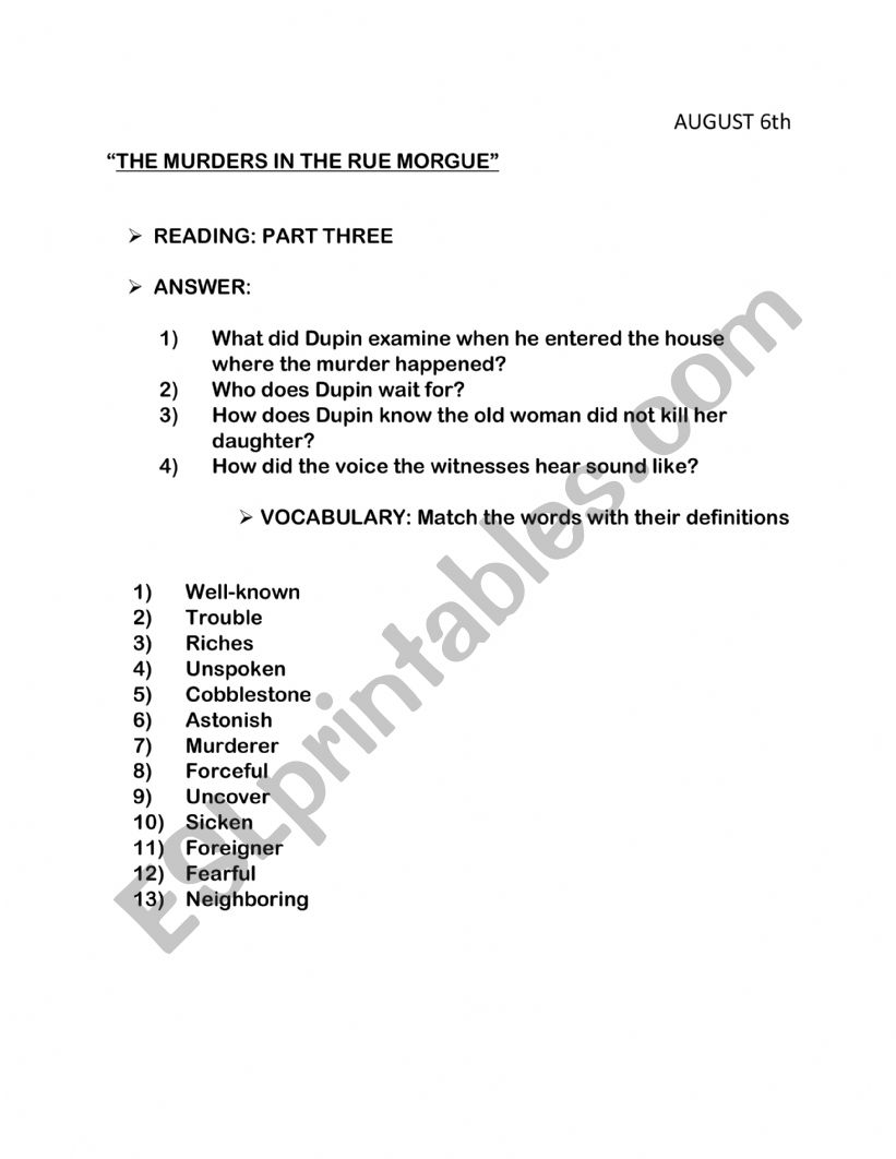 Murders in the Rue Morgue worksheet