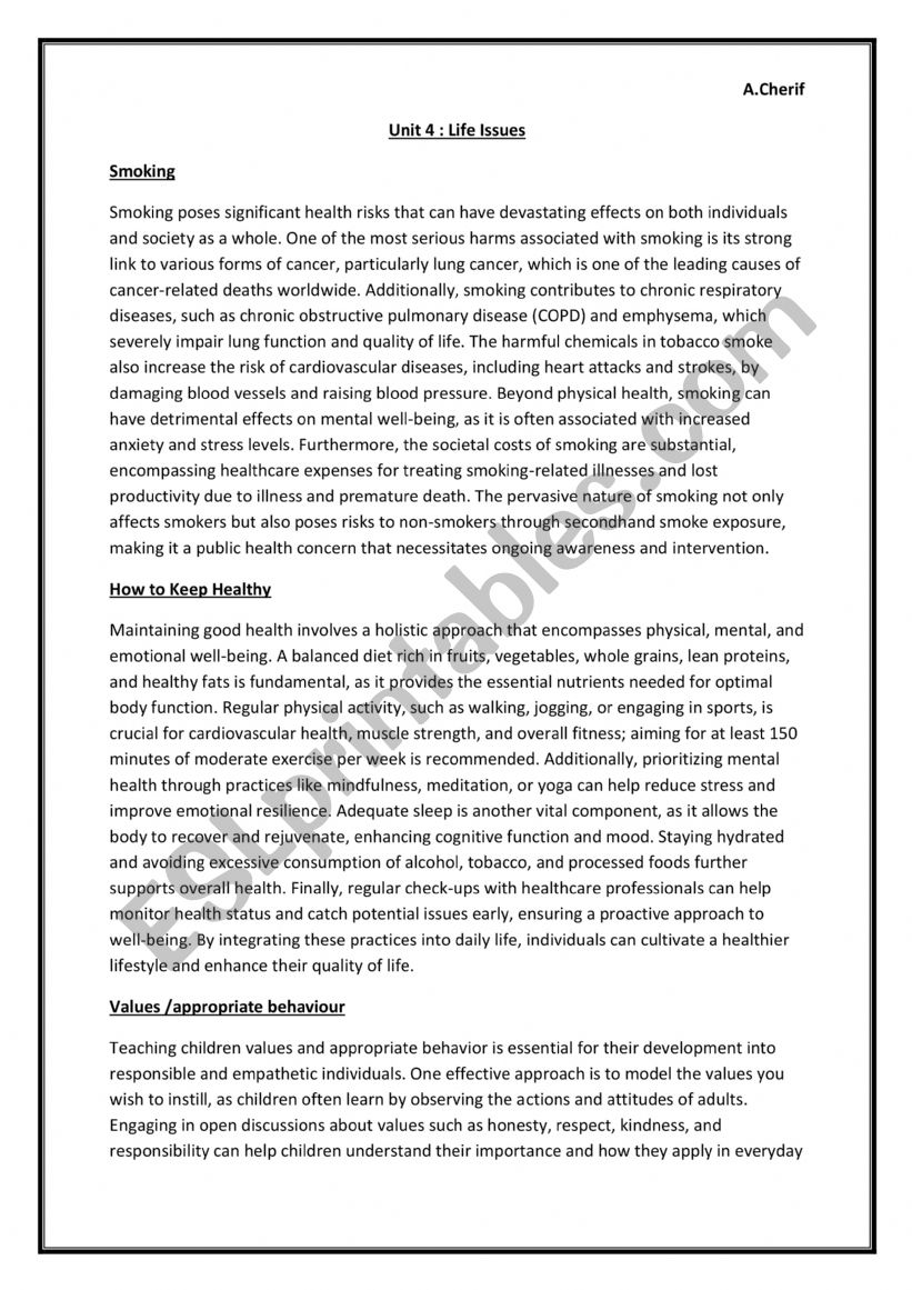 Unit 4 : Life Issues worksheet