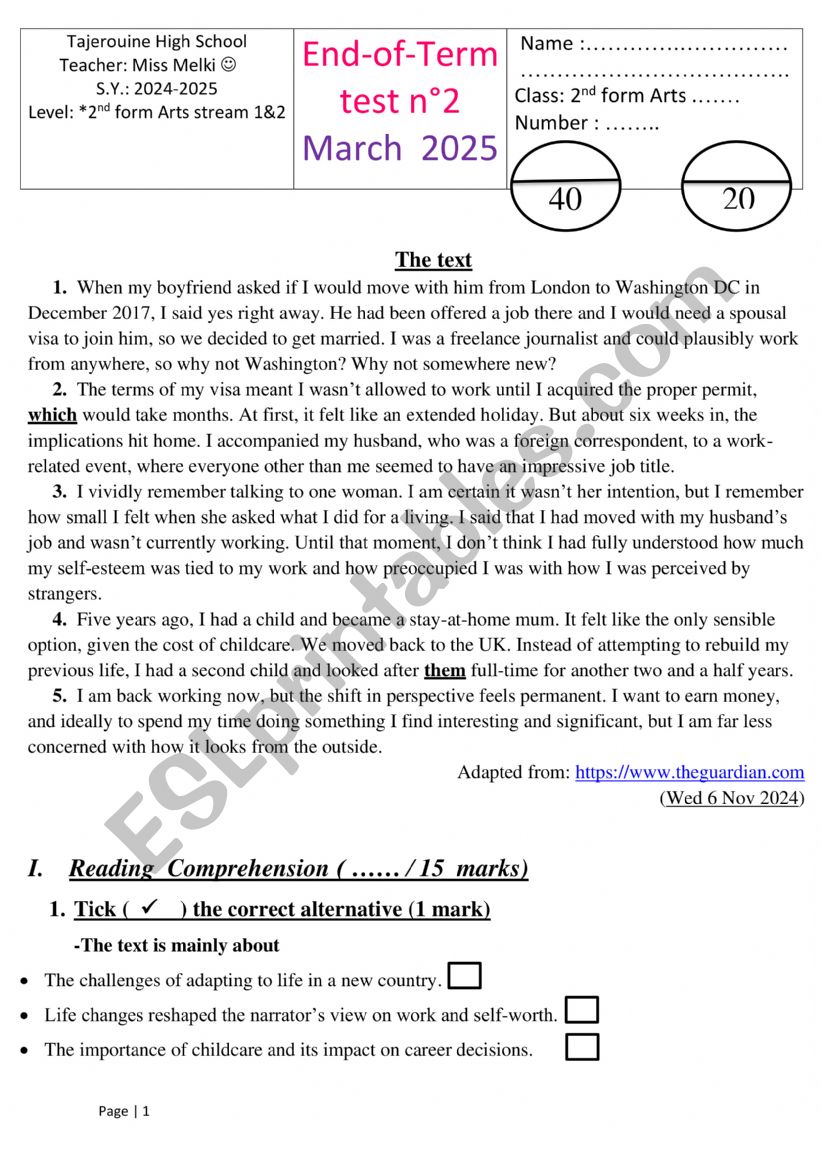 2nd form End term test 2 worksheet