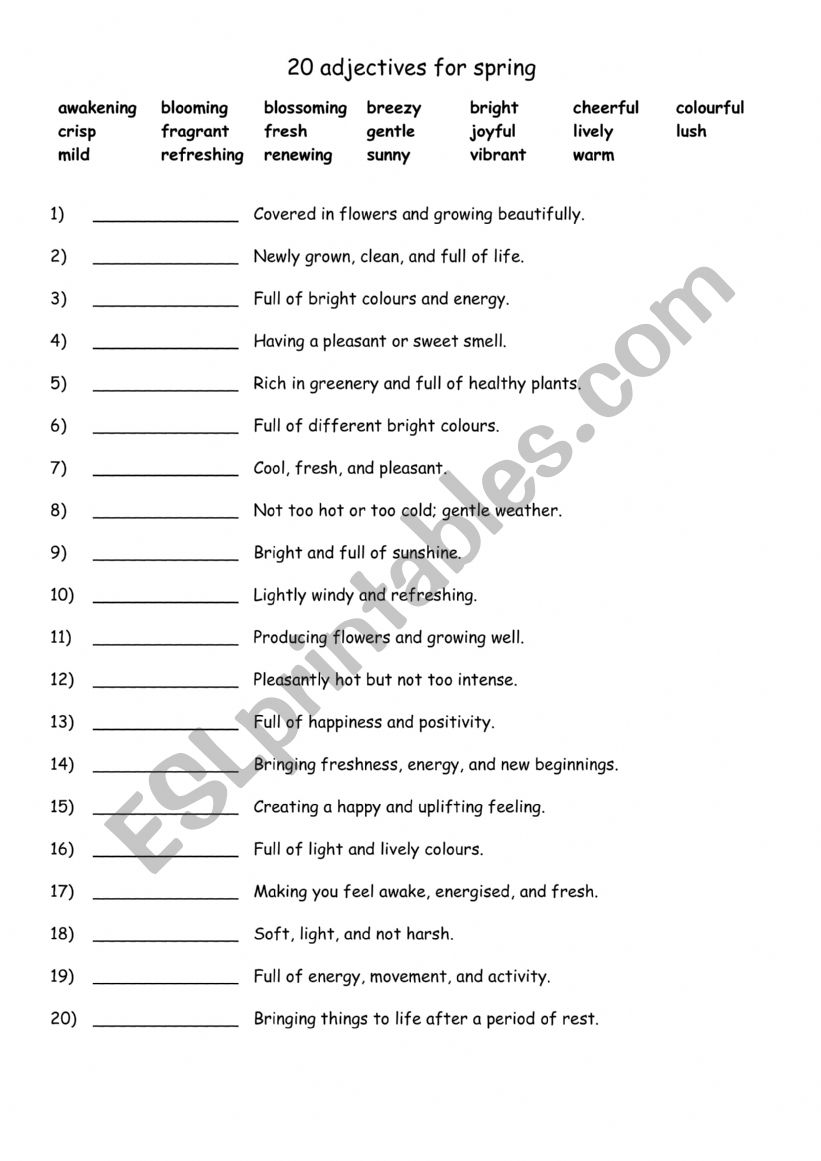 20 adjectives for spring worksheet