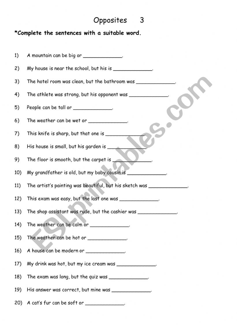 20 adjective opposites      3 worksheet