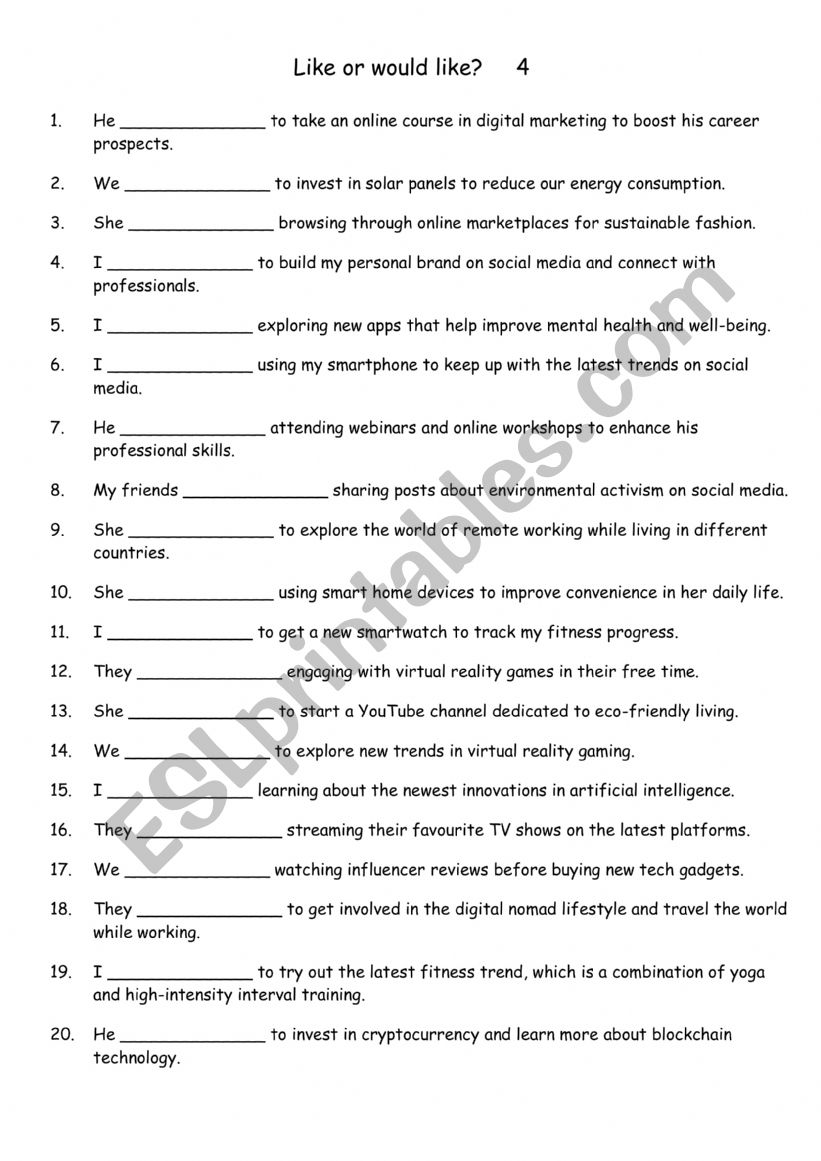 Like or would like  4 worksheet