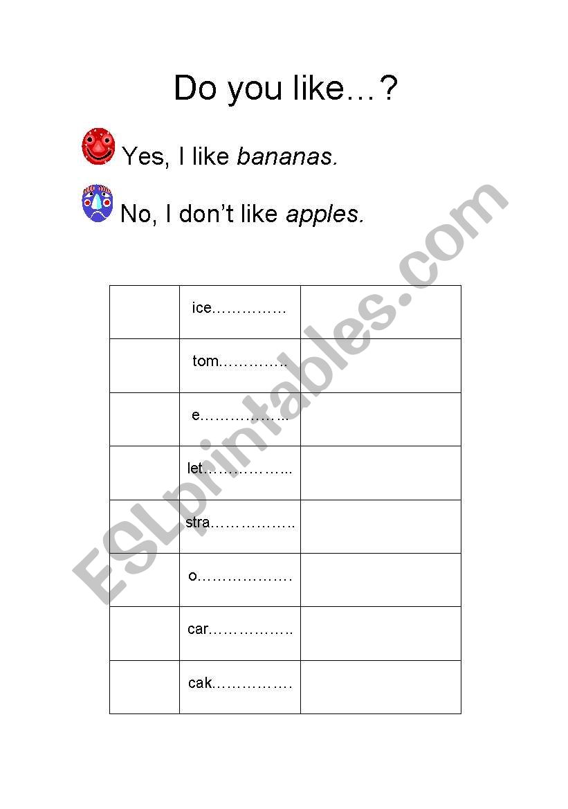 Likes and dislikes worksheet