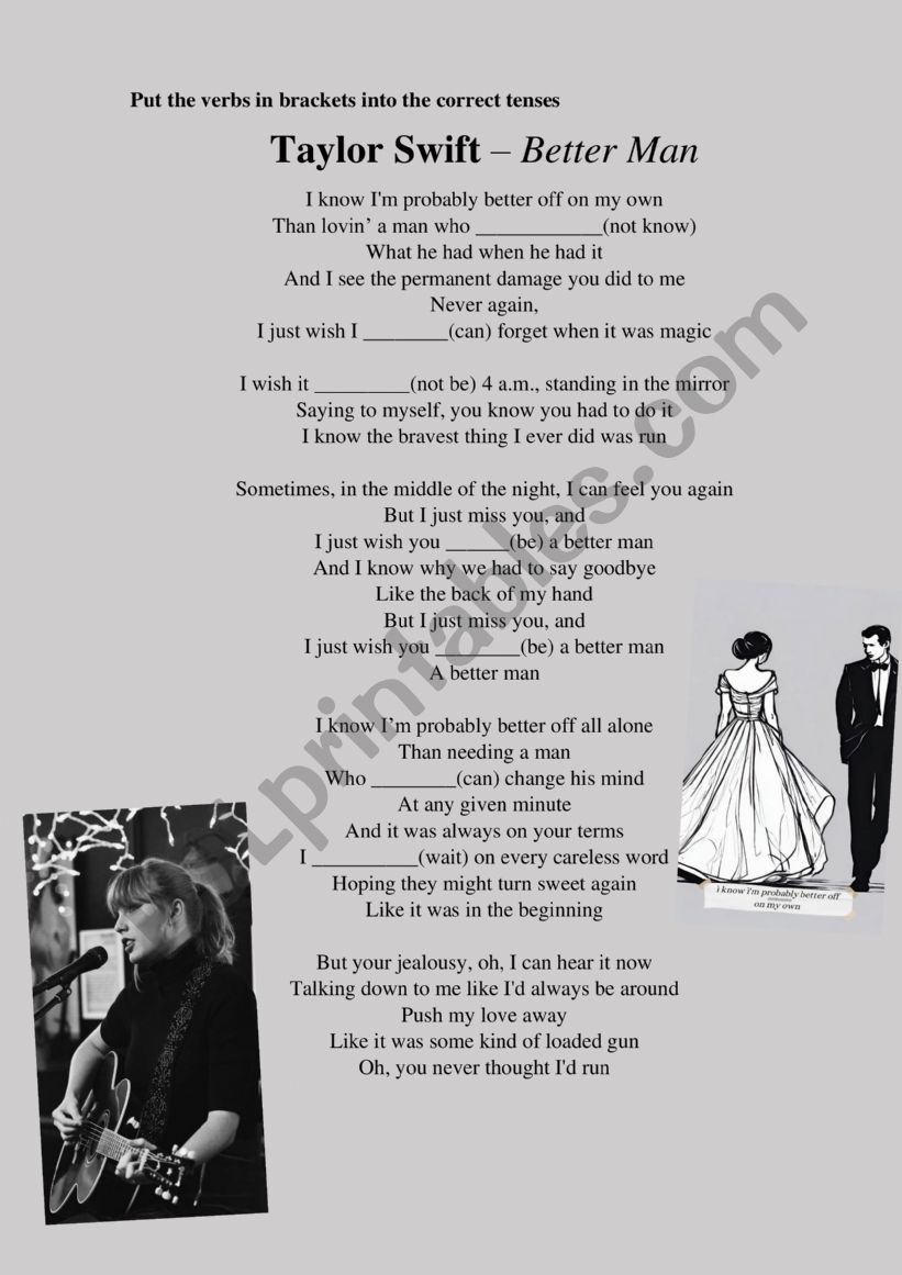 Taylor Swift Better Man worksheet I wish construction