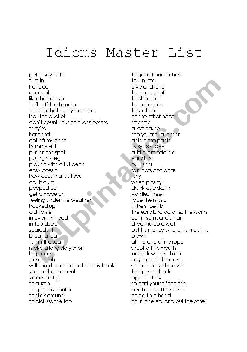 Idioms Master List worksheet