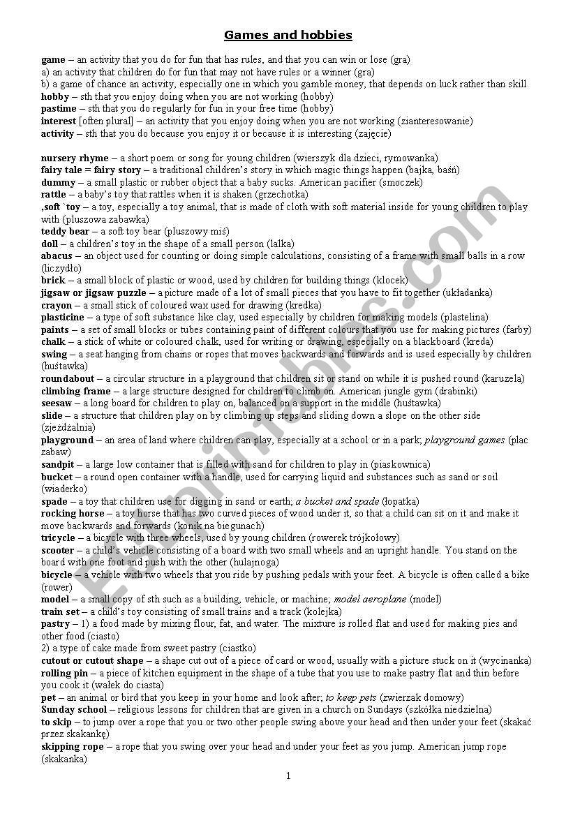 Games and hobbies worksheet