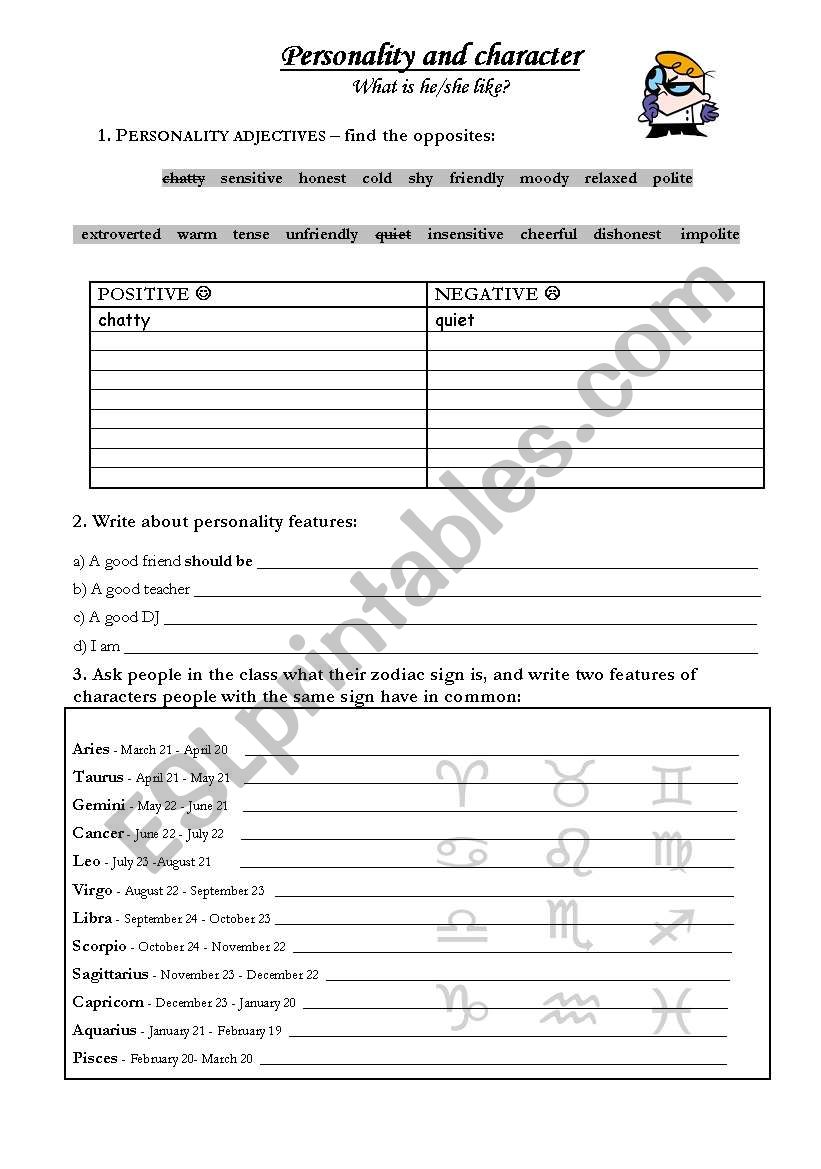 personality and character worksheet