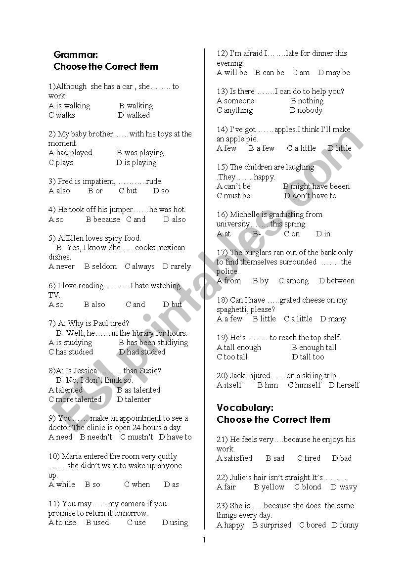 Grammar Test exam ESL Worksheet By Turquoise ocean