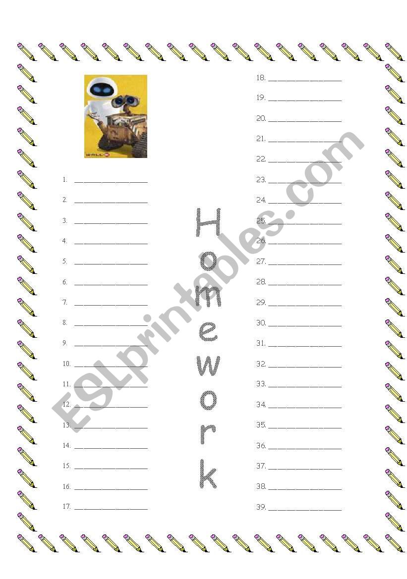 Homework sheet worksheet