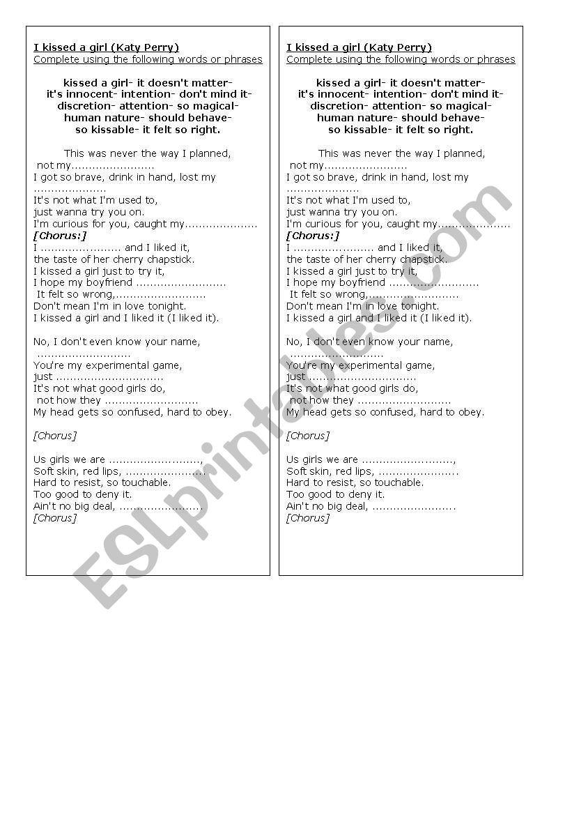 English Worksheets Song I Kissed A Girl By Katy Perry