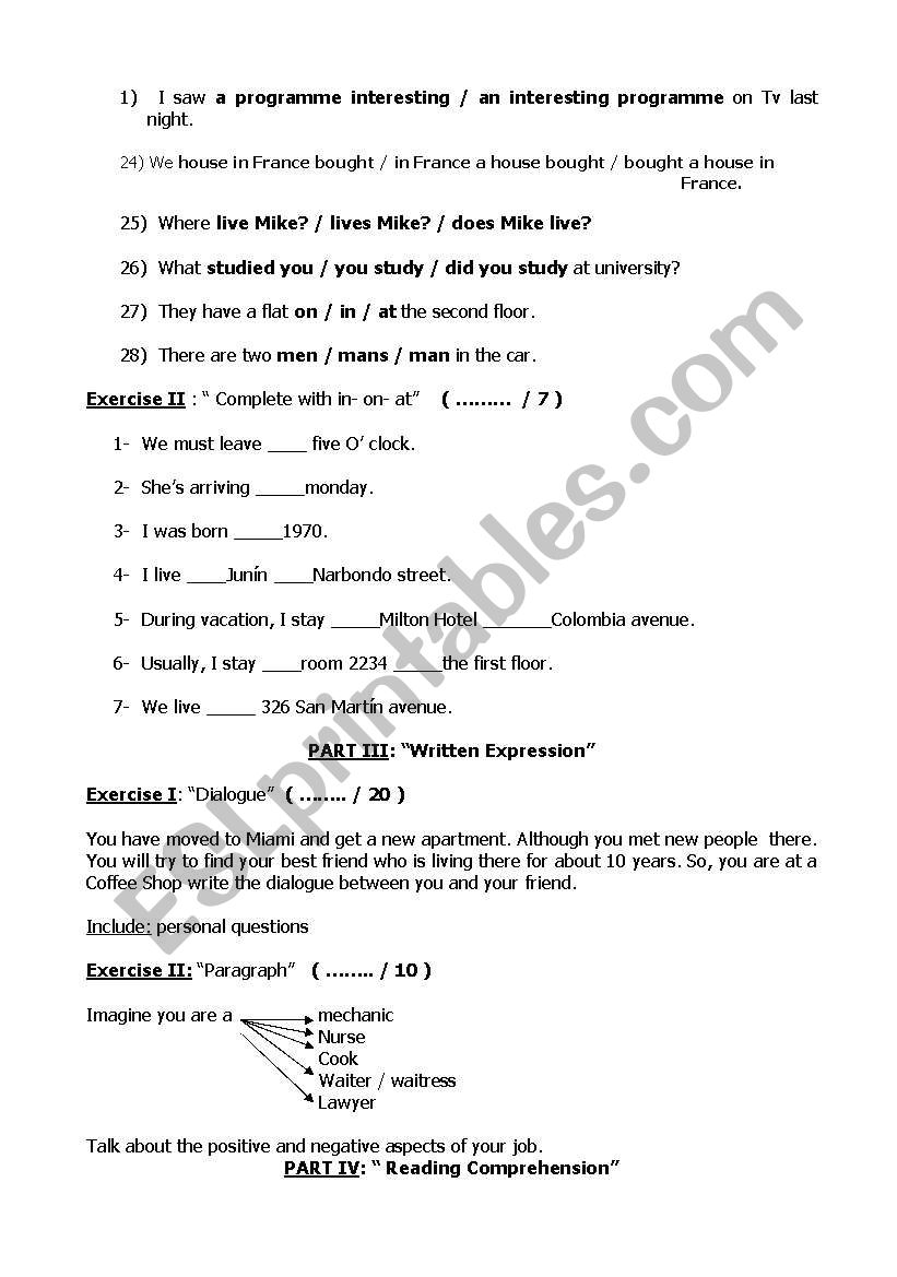 final test ( second part ) worksheet