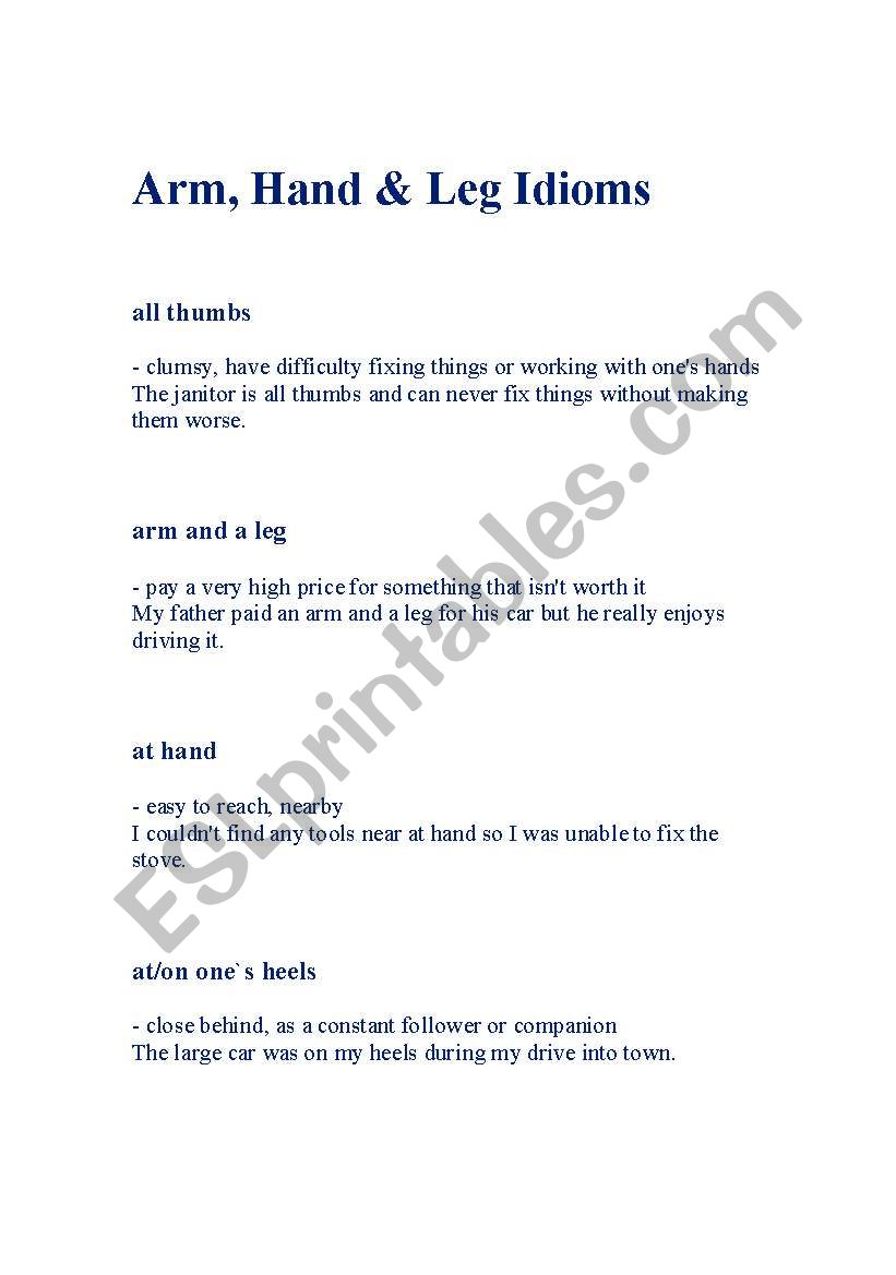 Idioms - Arms, Hands & Legs worksheet