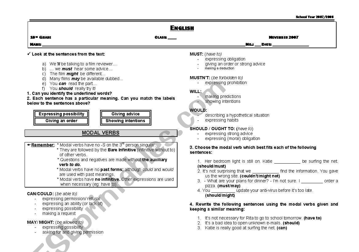 Modal verbs worksheet