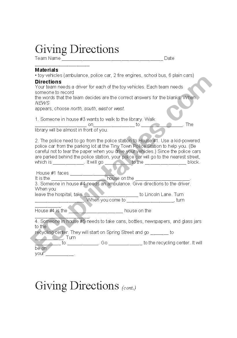 giving directions worksheet