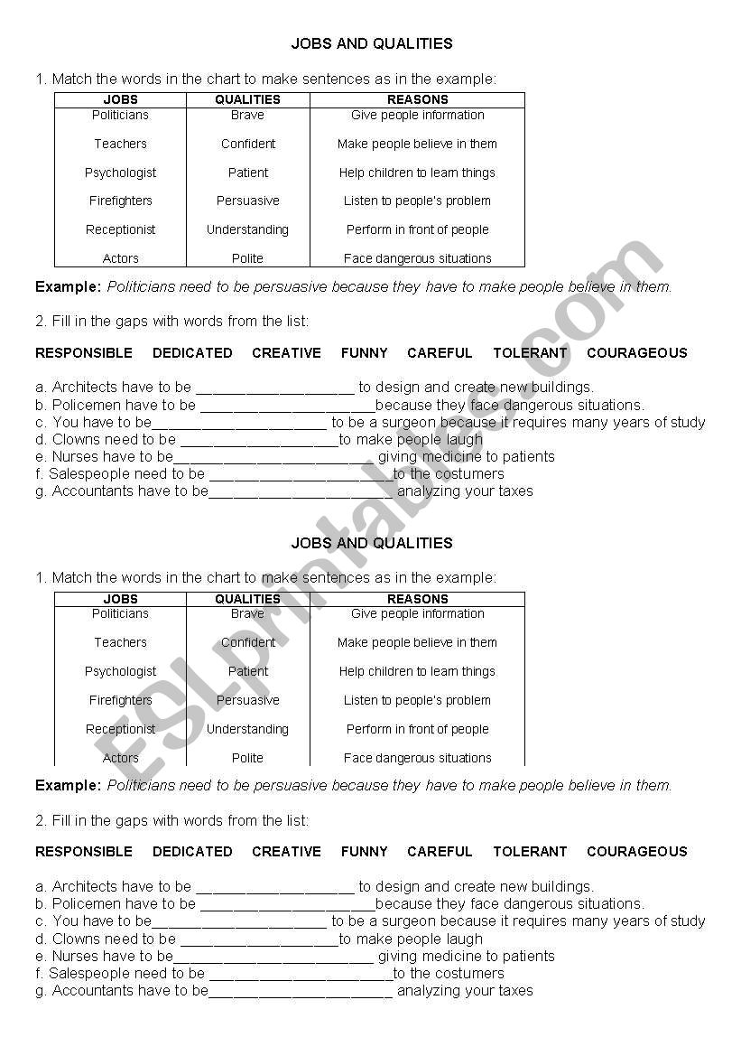 Jobs and qualities worksheet