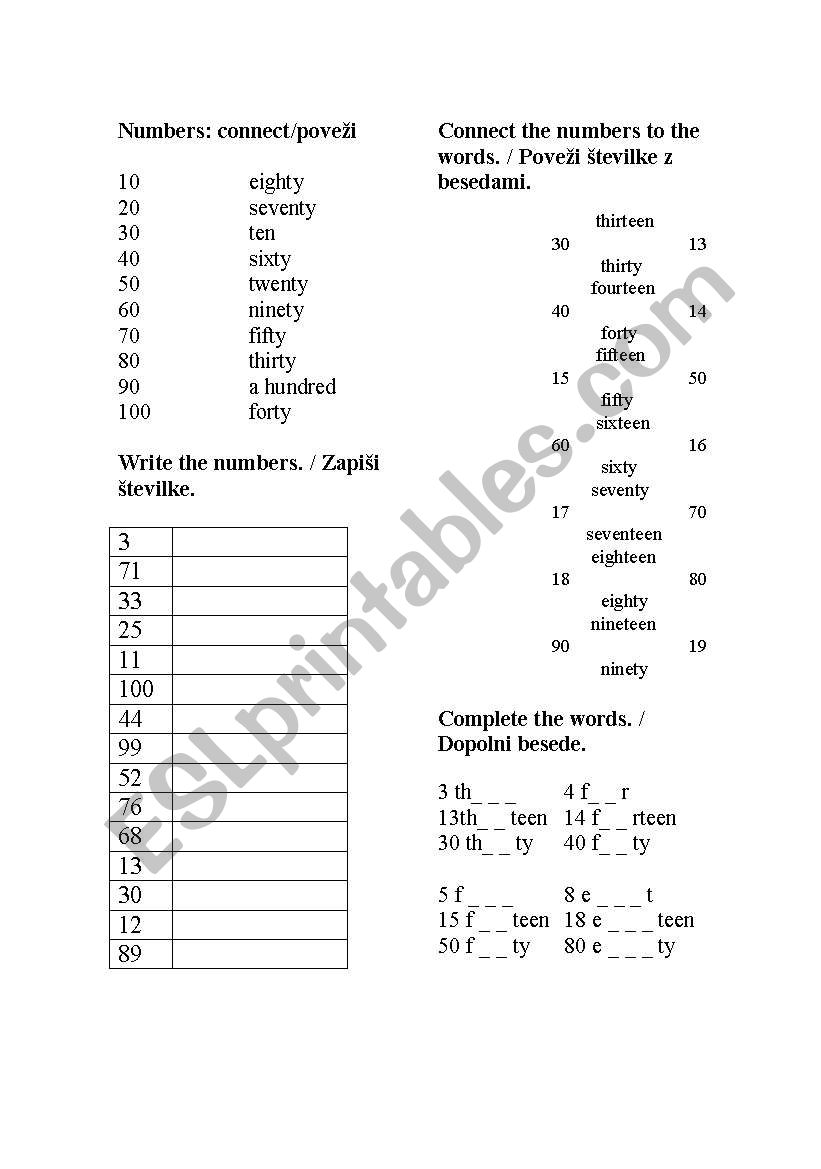 numbers worksheet