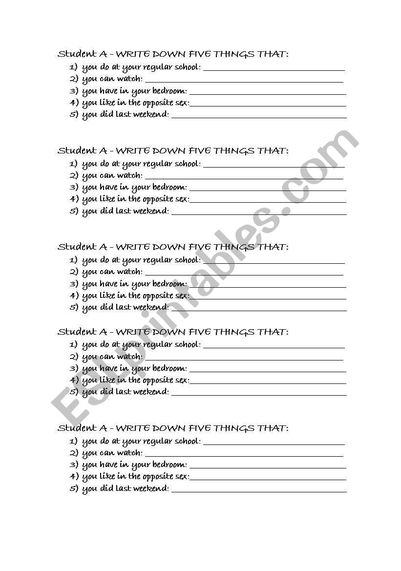 FIVE THINGS worksheet