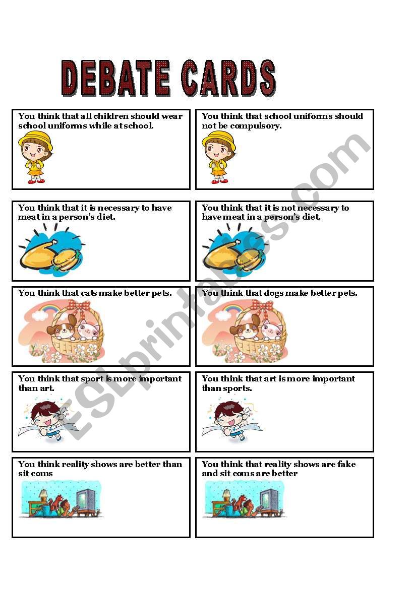 Debate Cards ESL Worksheet By Savina Noronha