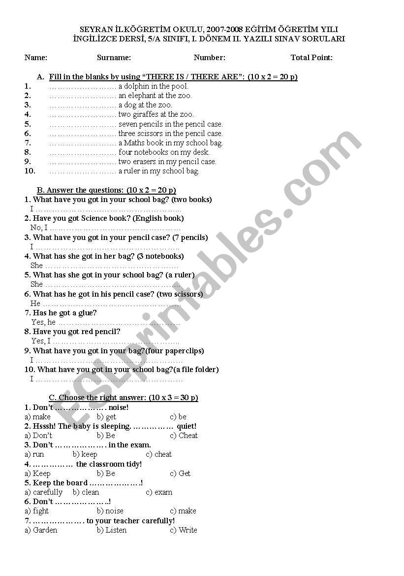 exam worksheet