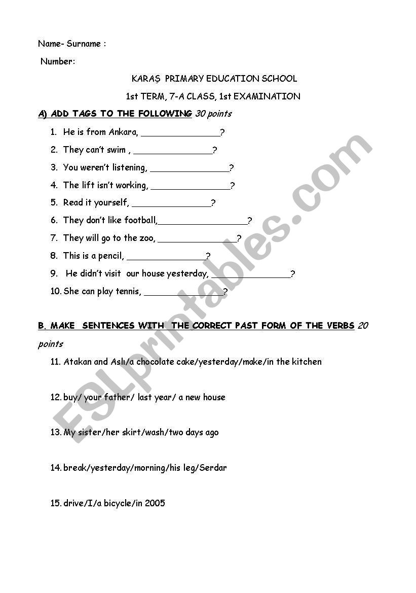 exam worksheet